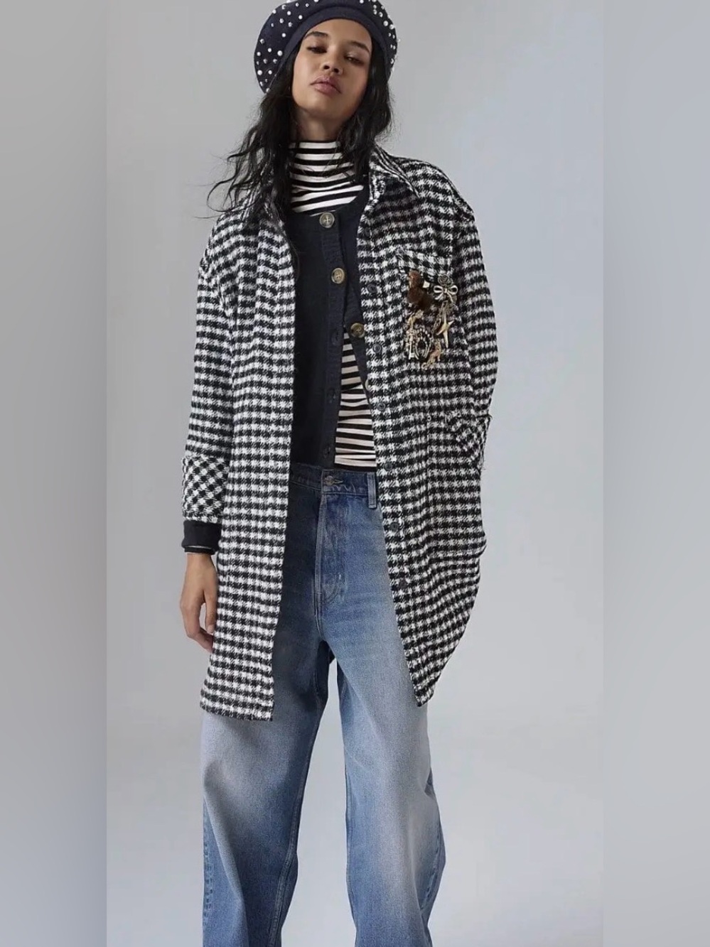 Free People Get Around Houndstooth Wool Blend Shirt Small BNWT